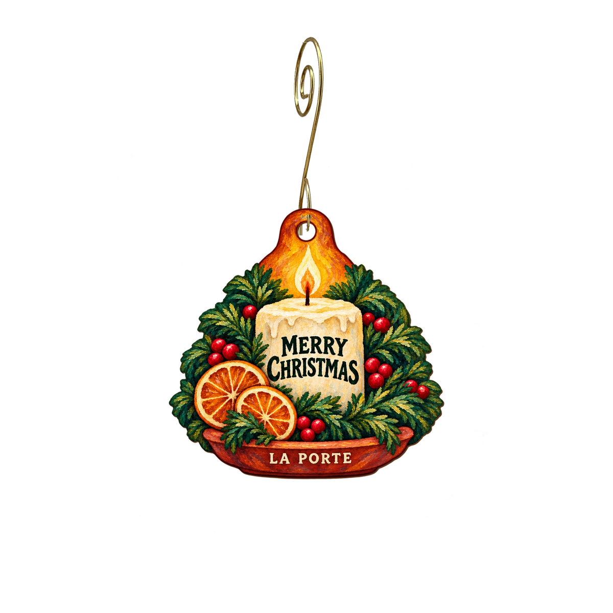 Thee whimsical couldron — Christmas custom wood ornament OC2606, photographic gold spiral hook