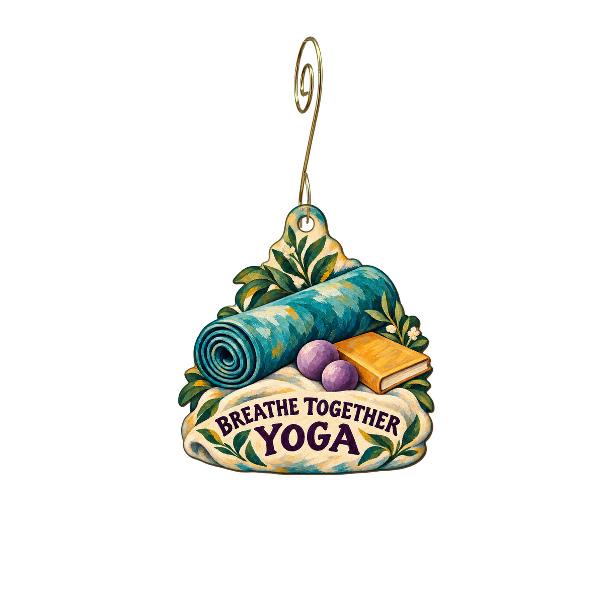 Breathe Together Yoga — Store identity custom wood ornament OC2608, photographic gold spiral hook