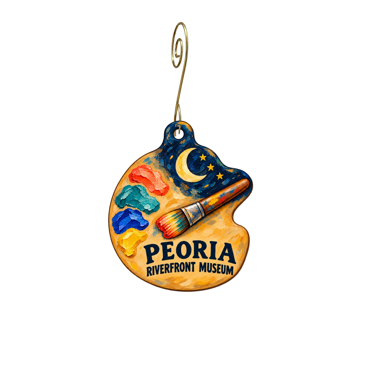 Peoria Riverfront Museum — Store identity custom wood ornament OC2611, photographic gold spiral hook