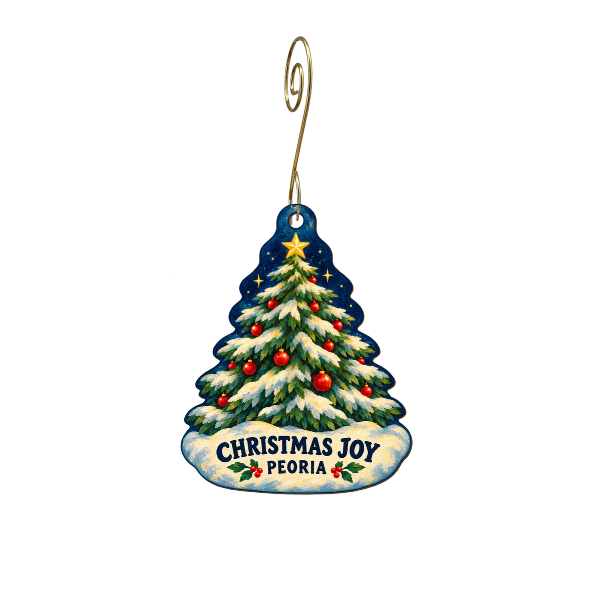 Peoria Riverfront Museum — Christmas custom wood ornament OC2612, photographic gold spiral hook