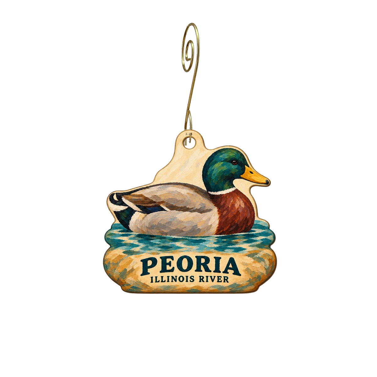 Peoria Riverfront Museum — Local inspiration custom wood ornament OC2613, photographic gold spiral hook