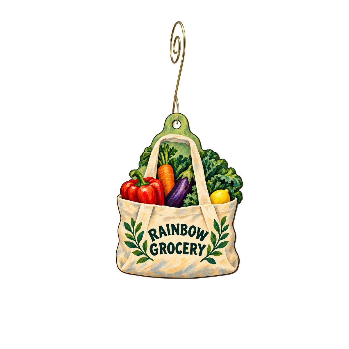 Rainbow Grocery — Store identity custom wood ornament OC2614, photographic gold spiral hook