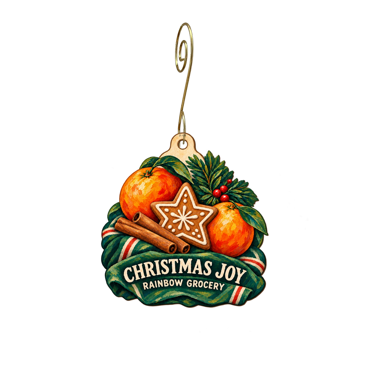 Rainbow Grocery — Christmas custom wood ornament OC2615, photographic gold spiral hook