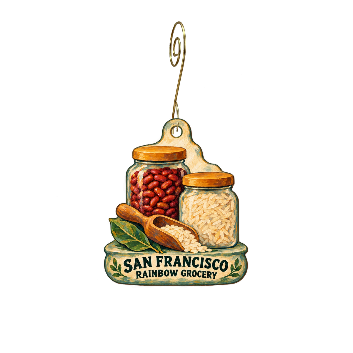 Rainbow Grocery — Local inspiration custom wood ornament OC2616, photographic gold spiral hook