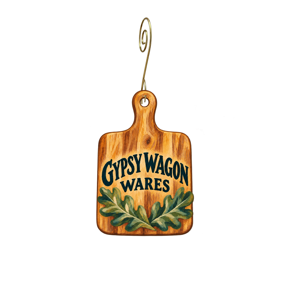 Gypsy Wagon Cutting Boards — Store identity custom wood ornament OC2617, photographic gold spiral hook