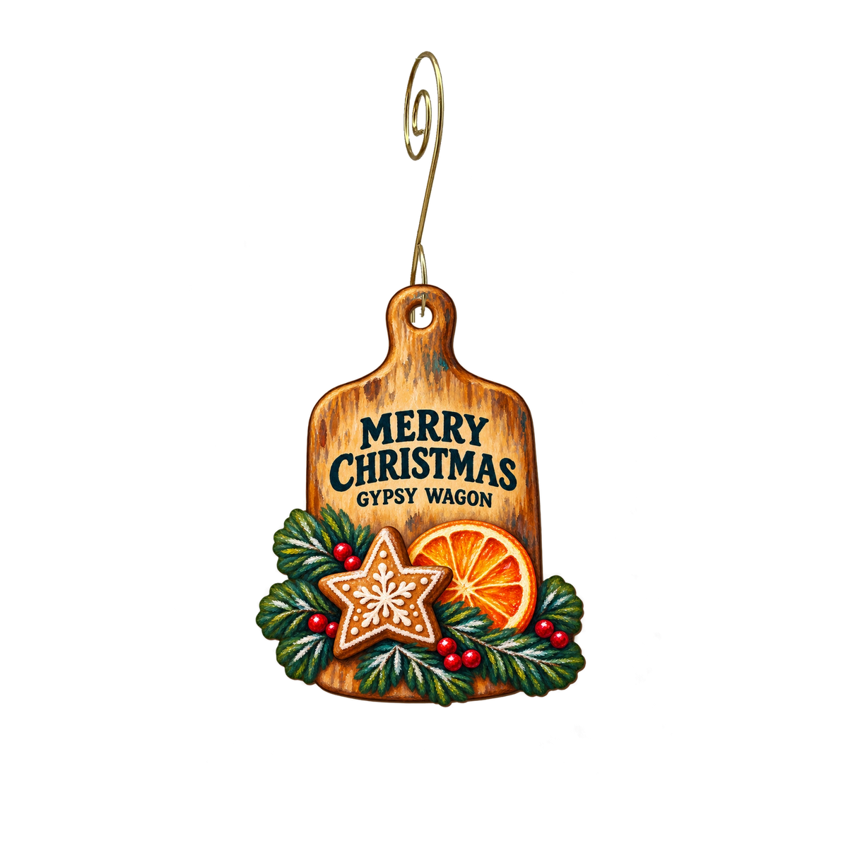 Gypsy Wagon Cutting Boards — Christmas custom wood ornament OC2618, photographic gold spiral hook