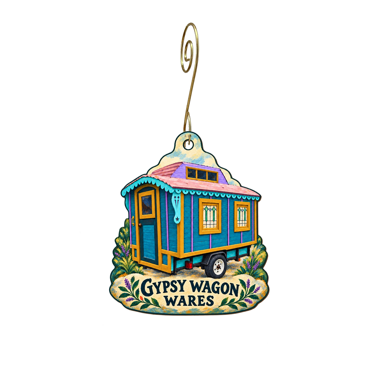 Gypsy Wagon Cutting Boards — Local inspiration custom wood ornament OC2619, photographic gold spiral hook