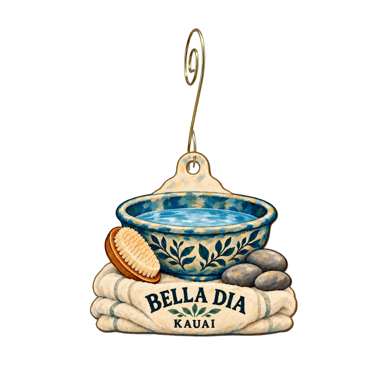 Bella Dia spa  yoga  wellness — Local inspiration custom wood ornament OC2622, photographic gold spiral hook