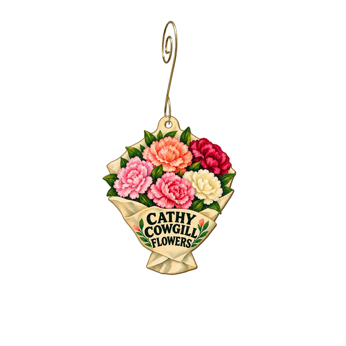 Cathy Cowgill Flowers — Store identity custom wood ornament OC2626, photographic gold spiral hook