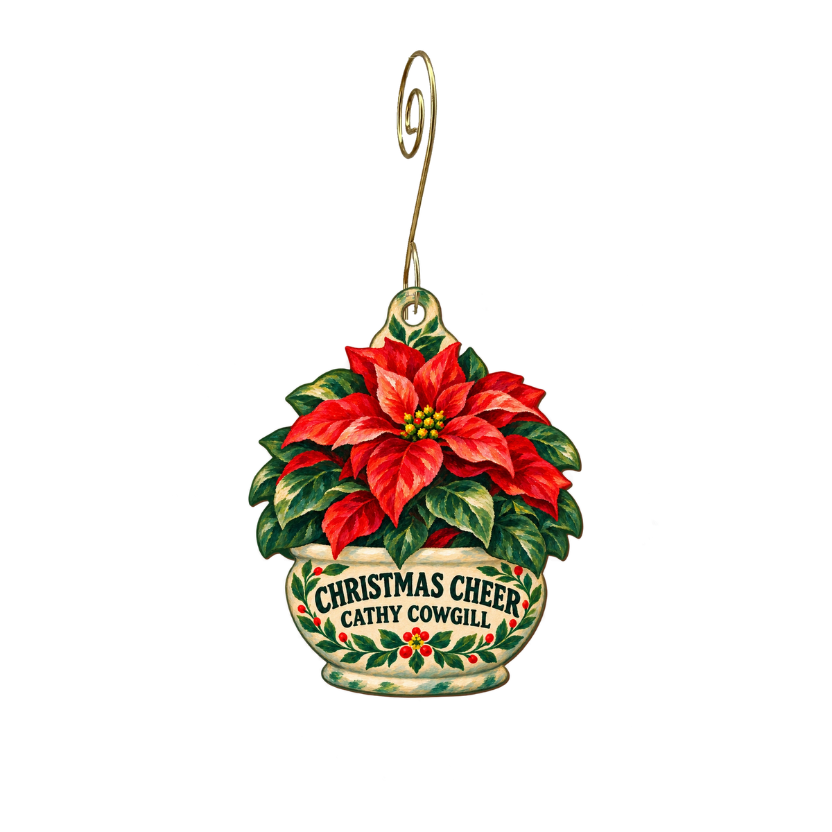 Cathy Cowgill Flowers — Christmas custom wood ornament OC2627, photographic gold spiral hook