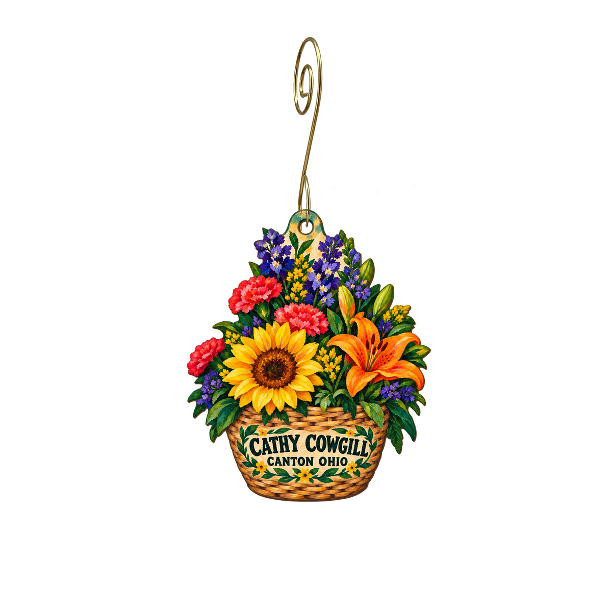 Cathy Cowgill Flowers — Local inspiration custom wood ornament OC2628, photographic gold spiral hook