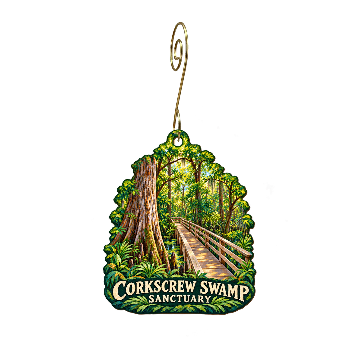 Corkscrew Swamp & Sanctuary — Store identity custom wood ornament OC2629, photographic gold spiral hook