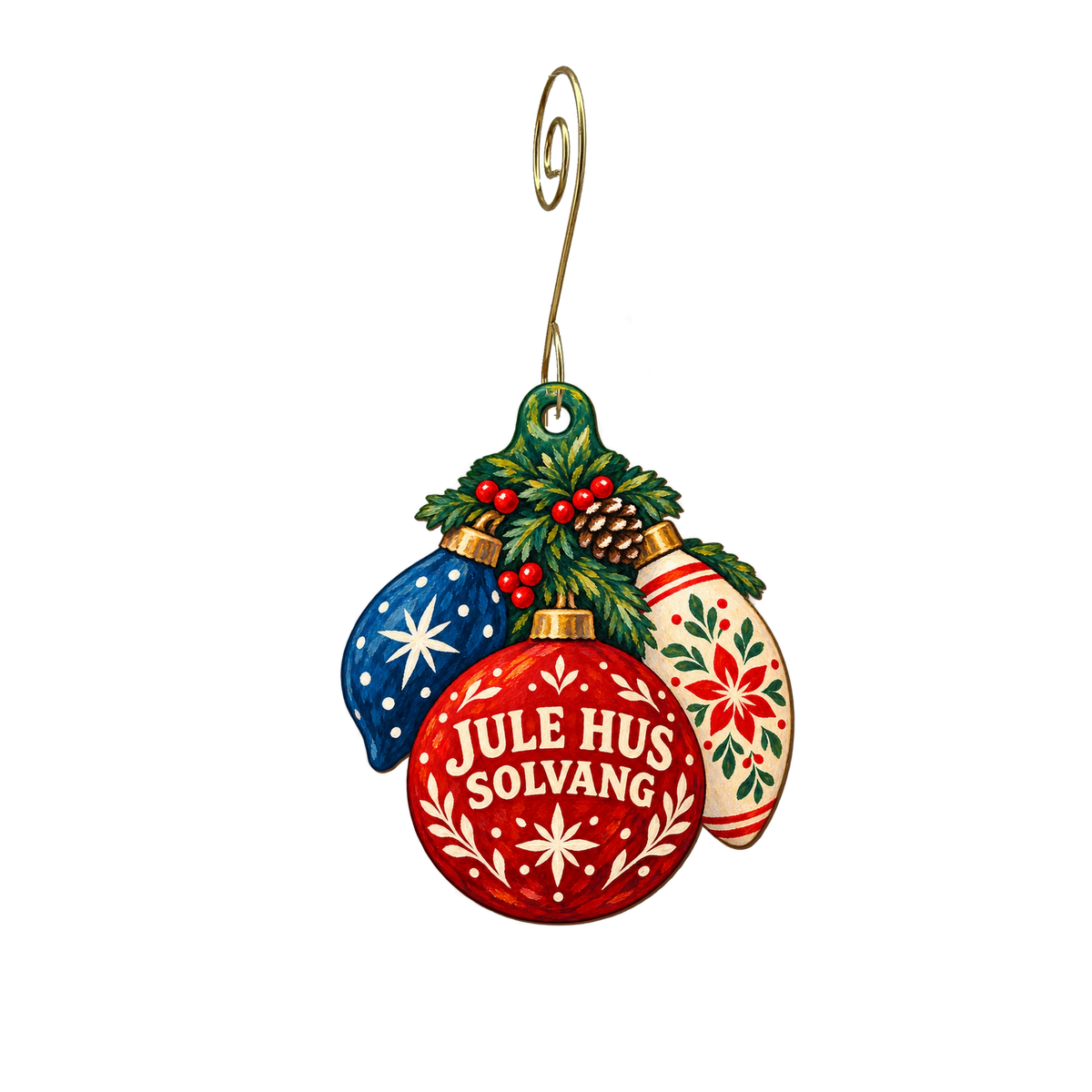 Jule Hus - Solvang's Christmas Store — Store identity custom wood ornament OC2632, photographic gold spiral hook