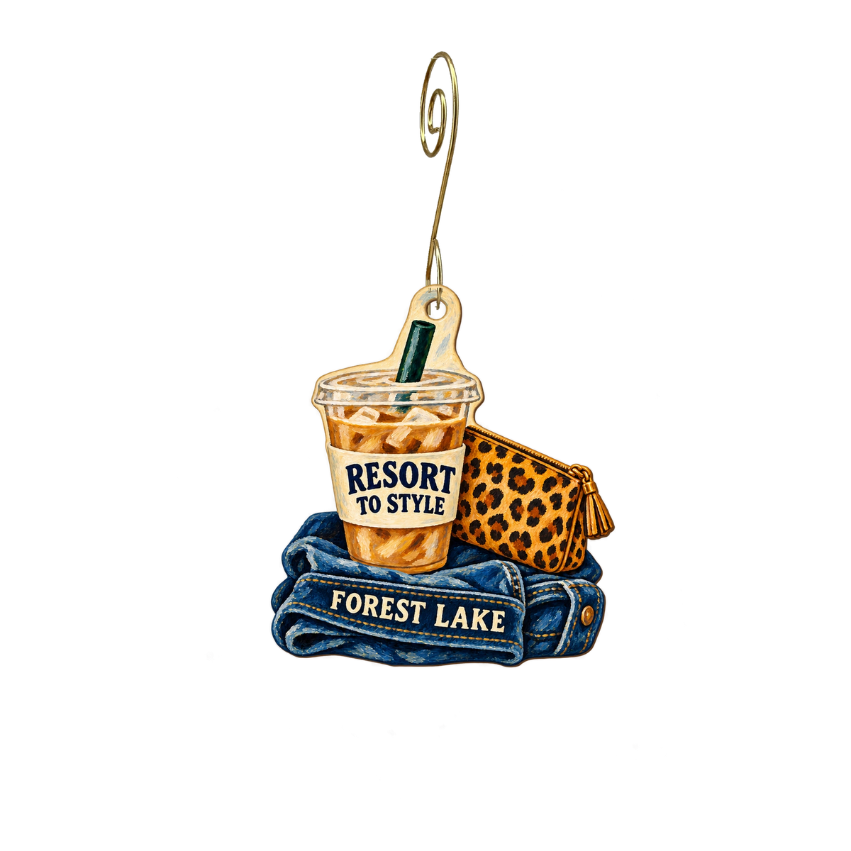 Resort To Style — Local inspiration custom wood ornament OC2640, photographic gold spiral hook