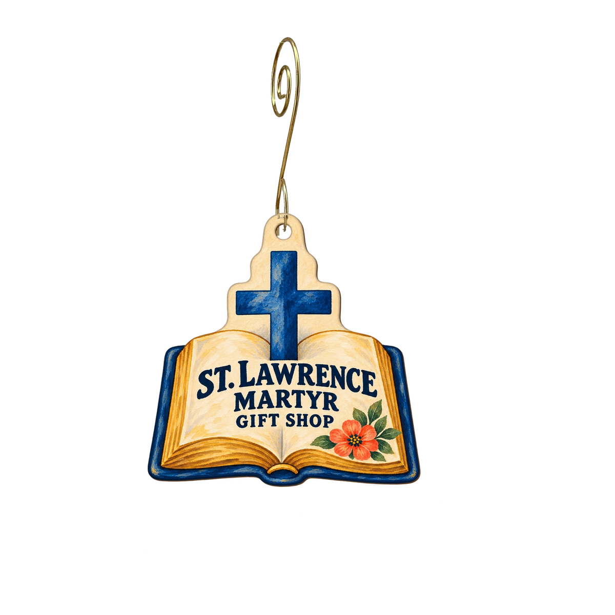 St. Lawrence Martyr Catholic Church Gift Shop — Store identity custom wood ornament OC2641, photographic gold spiral hook
