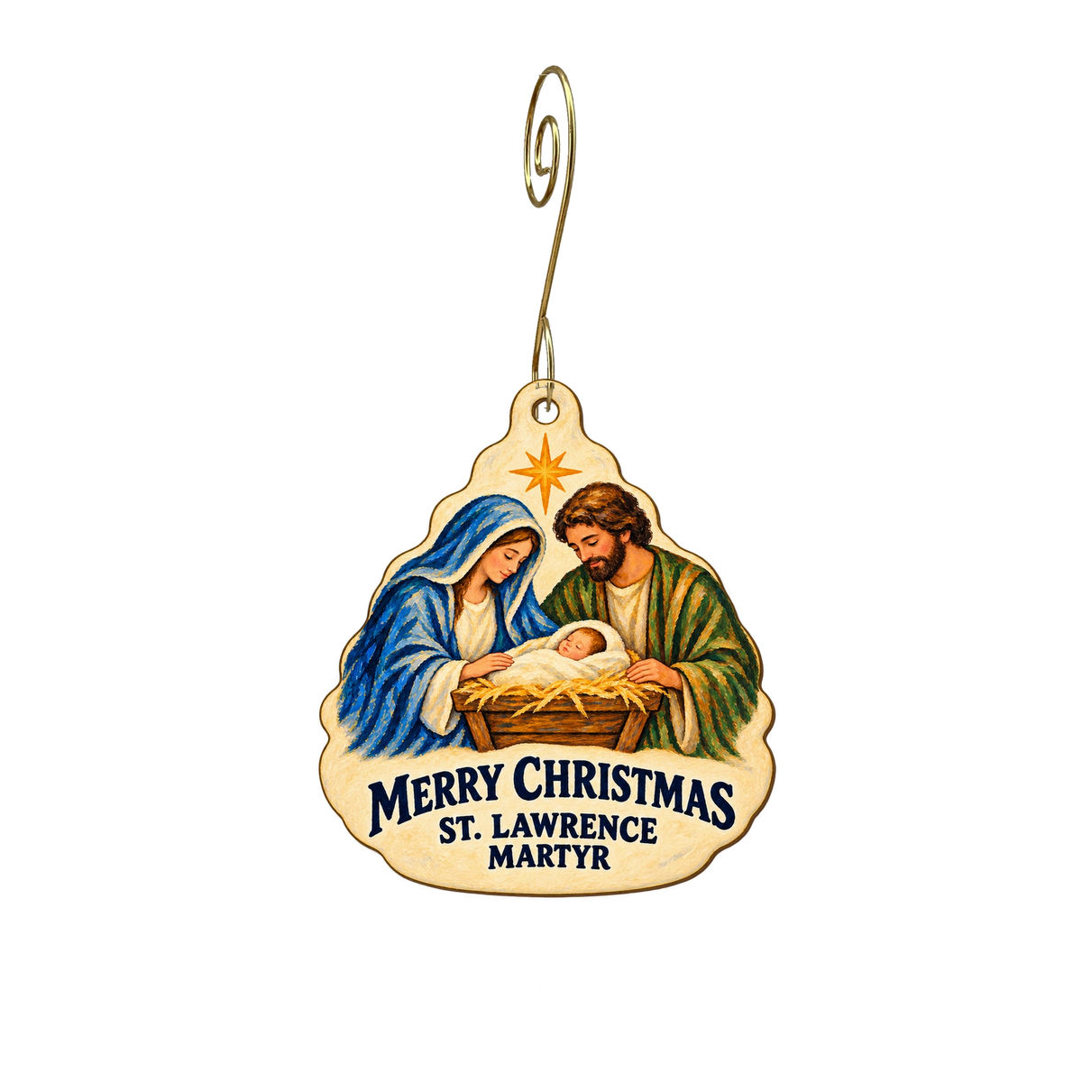 St. Lawrence Martyr Catholic Church Gift Shop — Christmas custom wood ornament OC2642, photographic gold spiral hook