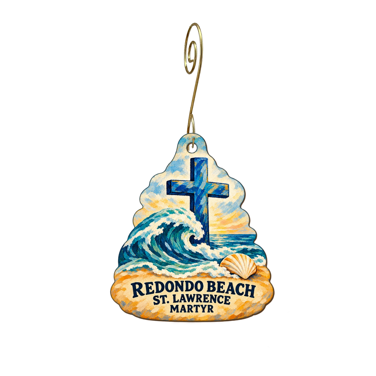 St. Lawrence Martyr Catholic Church Gift Shop — Local inspiration custom wood ornament OC2643, photographic gold spiral hook