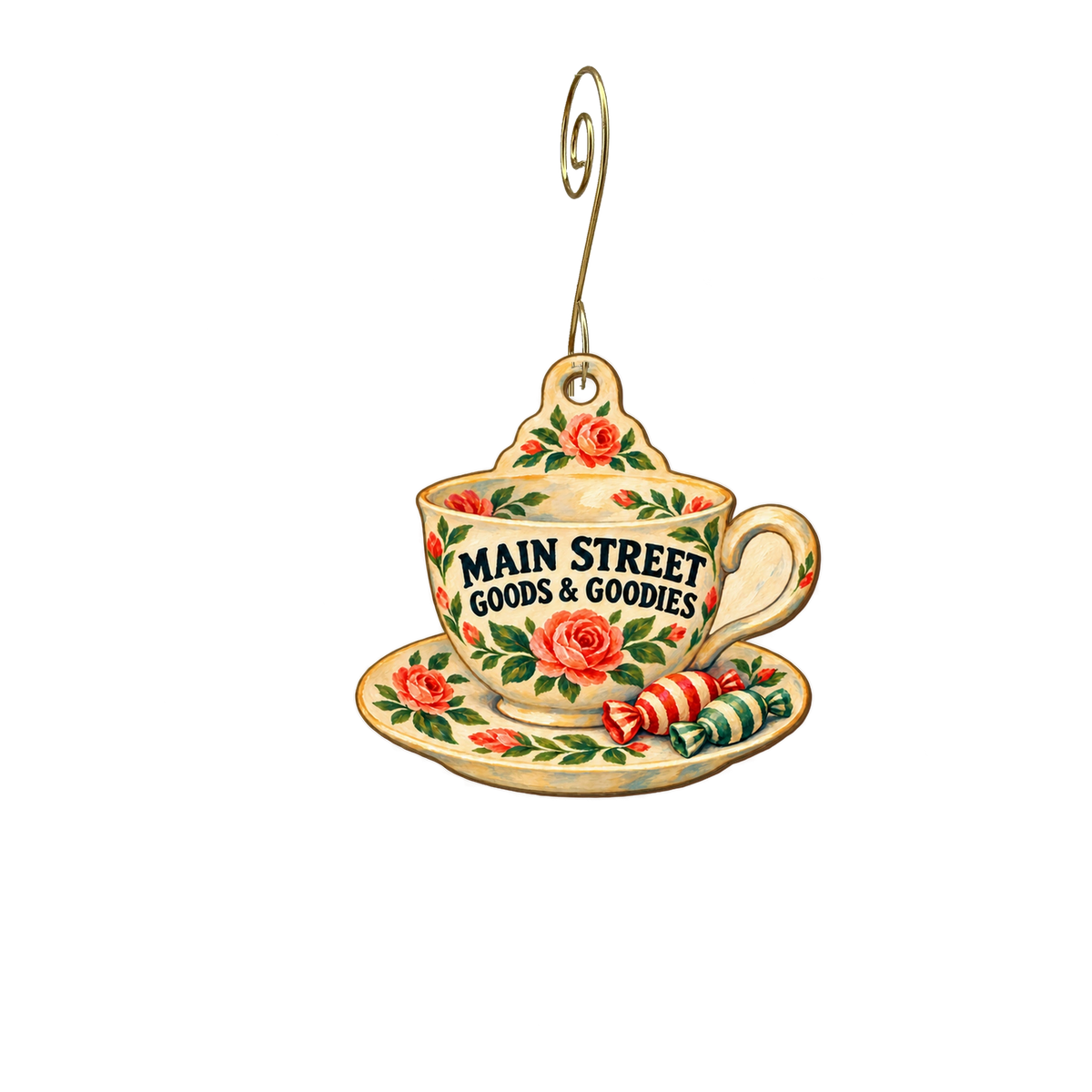 Main Street Goods and Goodies — Store identity custom wood ornament OC2644, photographic gold spiral hook