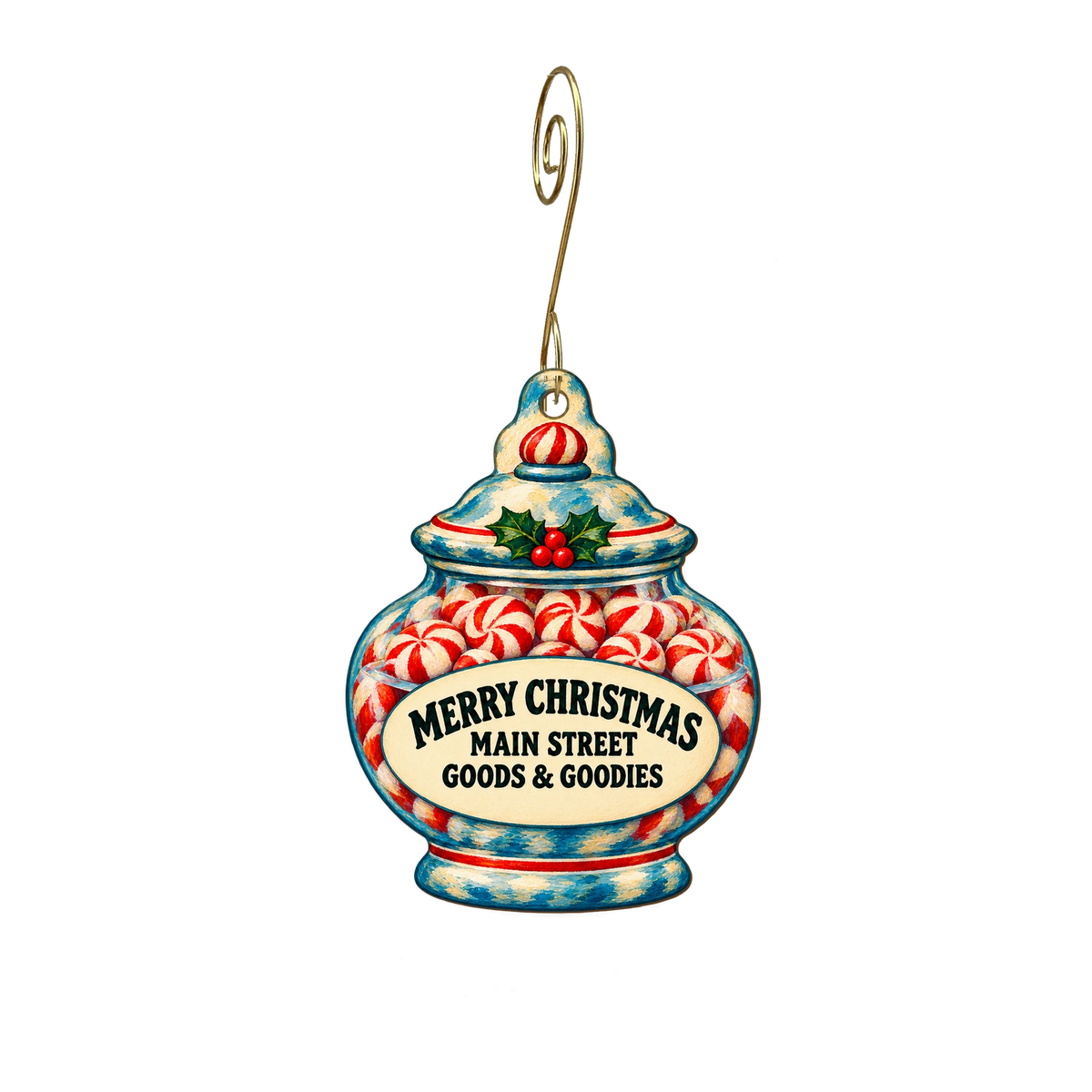 Main Street Goods and Goodies — Christmas custom wood ornament OC2645, photographic gold spiral hook