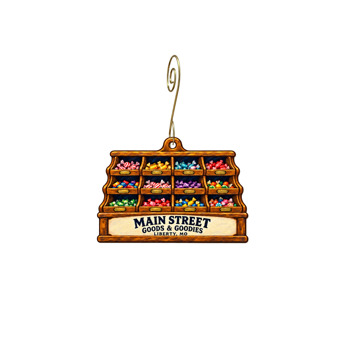 Main Street Goods and Goodies — Local inspiration custom wood ornament OC2646, photographic gold spiral hook