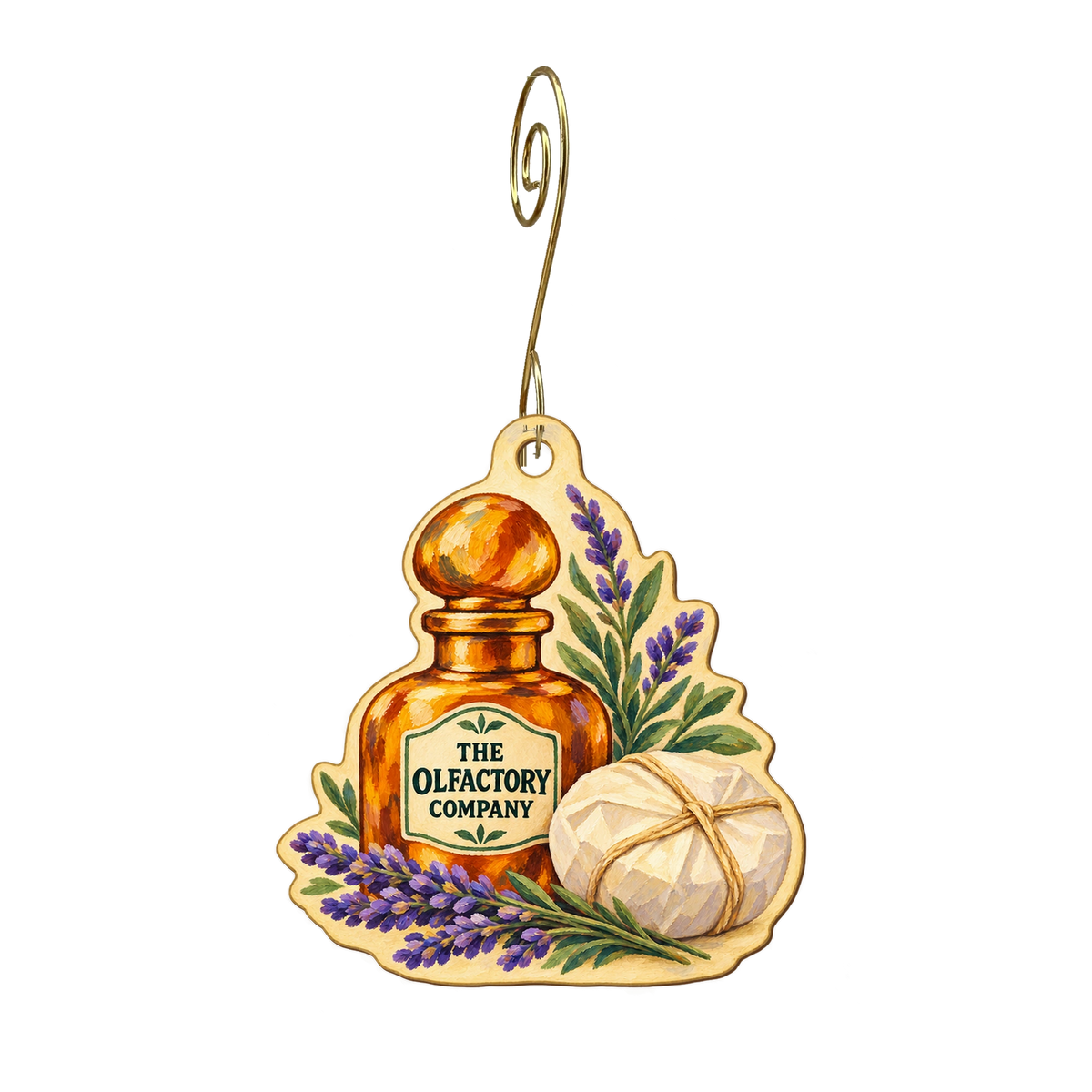 The Olfactory Company — Store identity custom wood ornament OC2647, photographic gold spiral hook