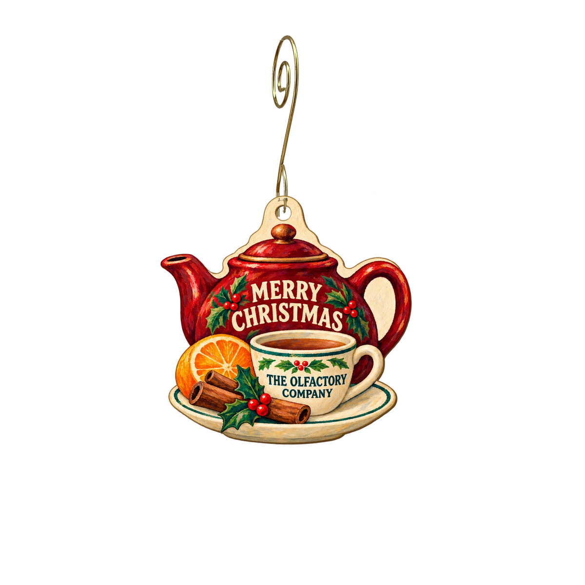The Olfactory Company — Christmas custom wood ornament OC2648, photographic gold spiral hook
