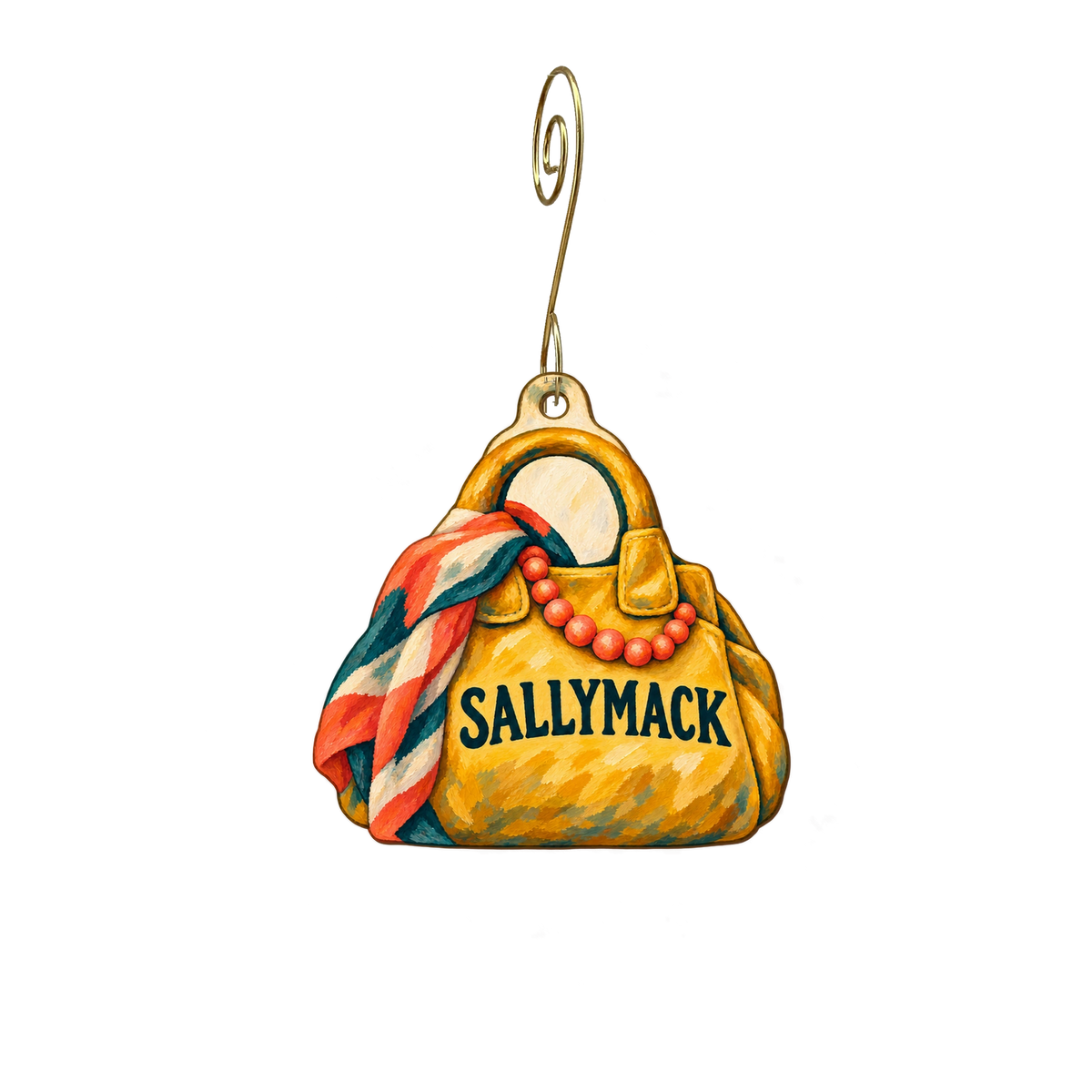 SallyMack — Store identity custom wood ornament OC2650, photographic gold spiral hook