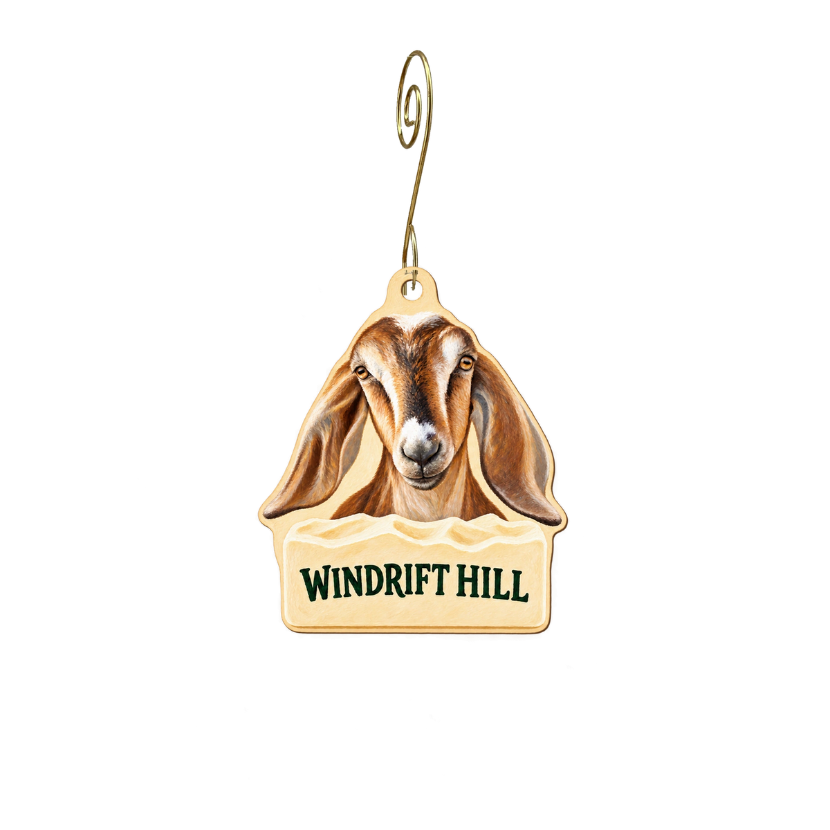 Windrift Hill — Store identity custom wood ornament OC2653, photographic gold spiral hook