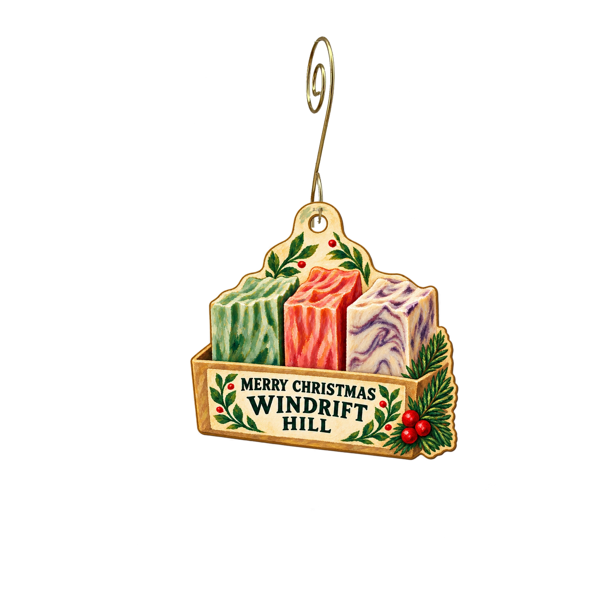 Windrift Hill — Christmas custom wood ornament OC2654, photographic gold spiral hook