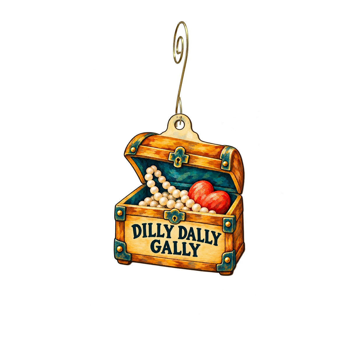 Dilly Dilly Gally — Store identity custom wood ornament OC2656, photographic gold spiral hook