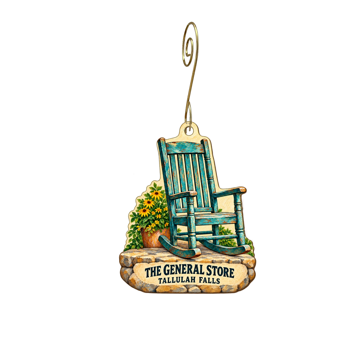 The General Store — Store identity custom wood ornament OC2662, photographic gold spiral hook