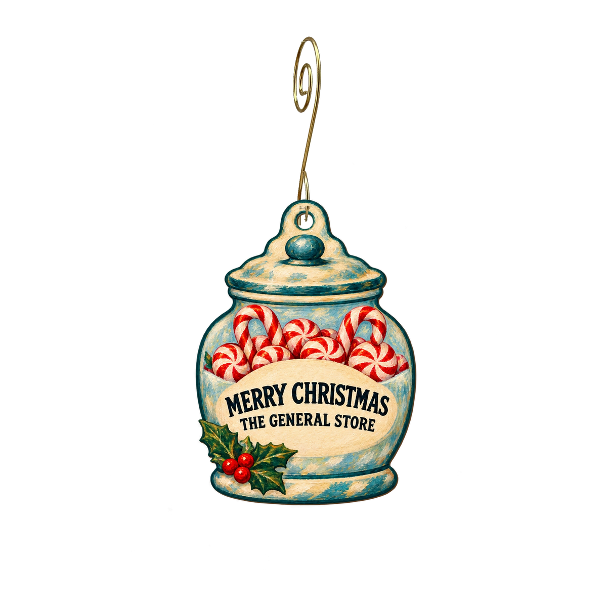 The General Store — Christmas custom wood ornament OC2663, photographic gold spiral hook