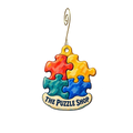 The Puzzle Shop (at Puzzle Rides) — Store identity custom wood ornament OC2668, photographic gold spiral hook