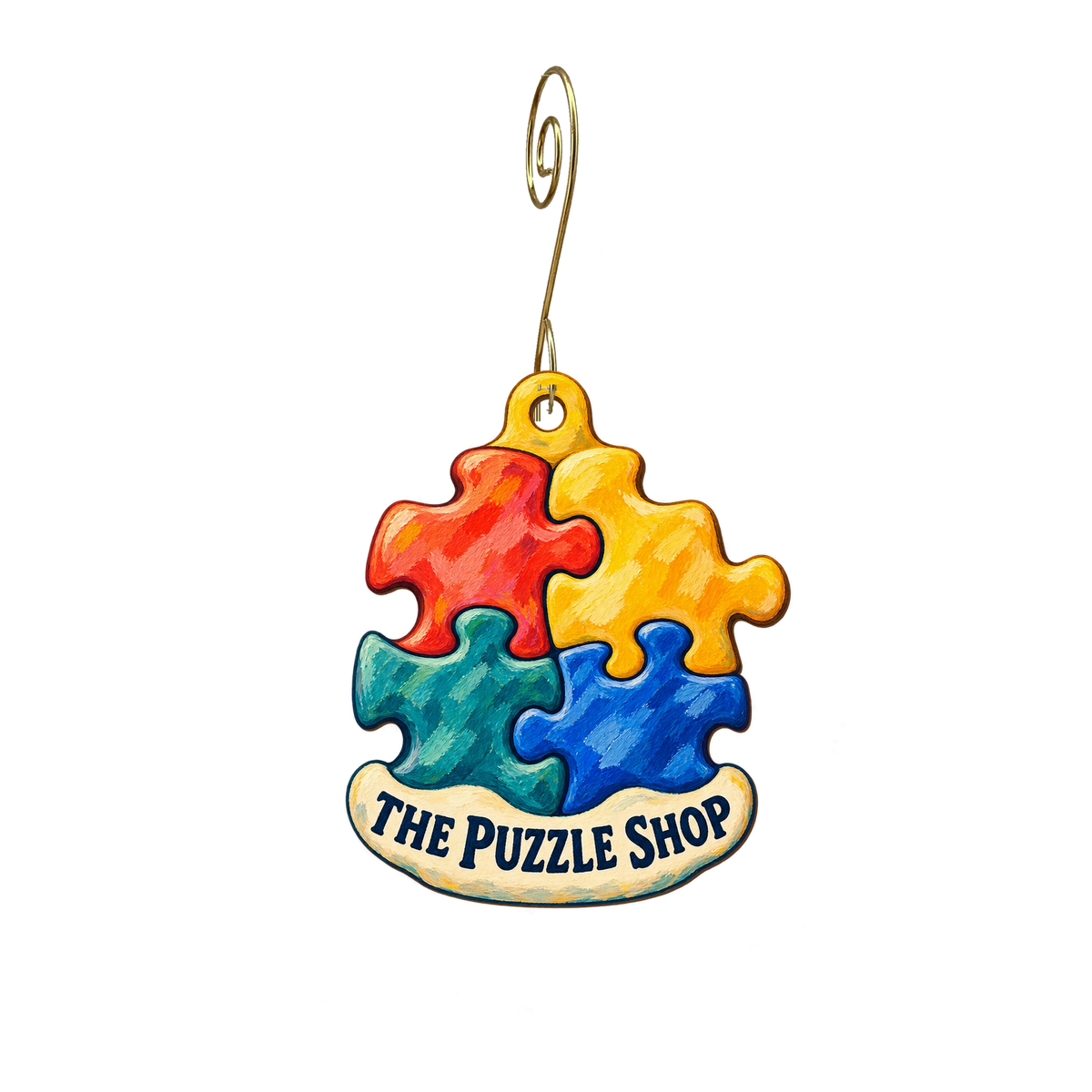 The Puzzle Shop (at Puzzle Rides) — Store identity custom wood ornament OC2668, photographic gold spiral hook
