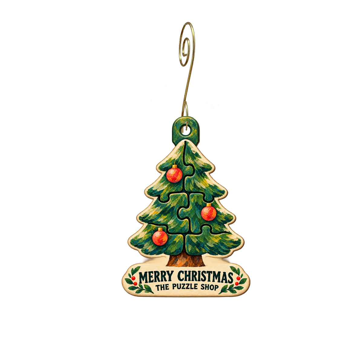 The Puzzle Shop (at Puzzle Rides) — Christmas custom wood ornament OC2669, photographic gold spiral hook