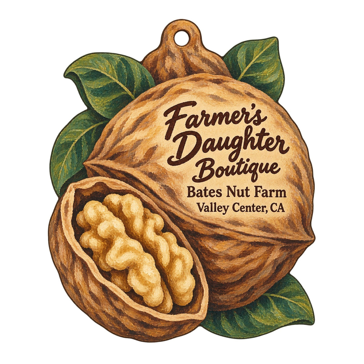 Farmer's Daughter Boutique at Bates Nut Farm Logo custom wood ornament OC266 on white