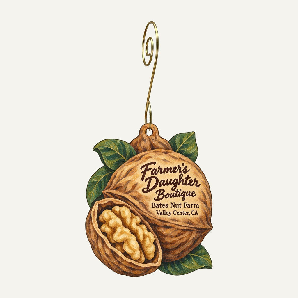 Farmer's Daughter Boutique at Bates Nut Farm Logo custom wood ornament OC266 hanging on hook