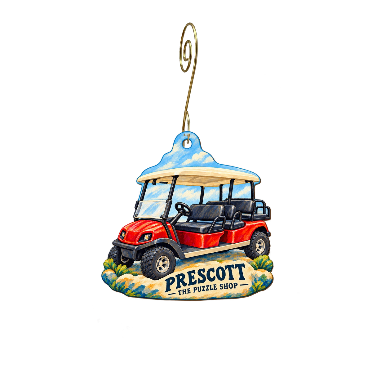 The Puzzle Shop (at Puzzle Rides) — Local inspiration custom wood ornament OC2670, photographic gold spiral hook