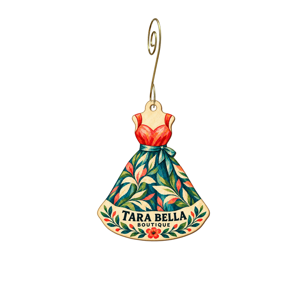 Tara Bella Boutique — Store identity custom wood ornament OC2674, photographic gold spiral hook