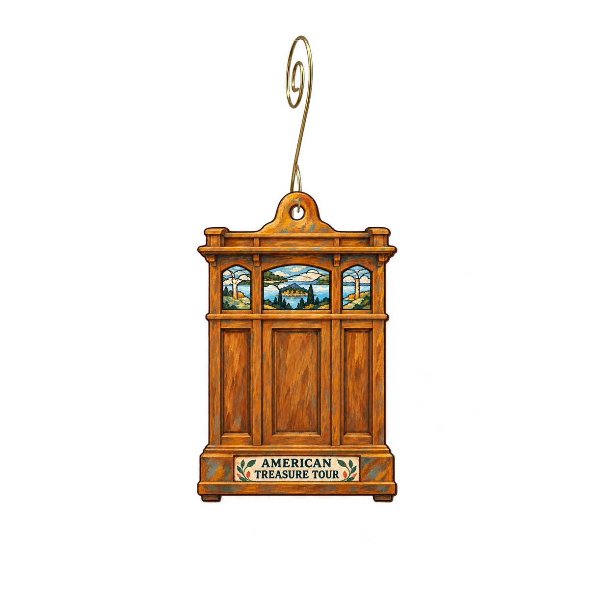 American Treasure Tour Museum — Store identity custom wood ornament OC2677, photographic gold spiral hook