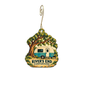 River's End Campground — Store identity custom wood ornament OC2680, photographic gold spiral hook