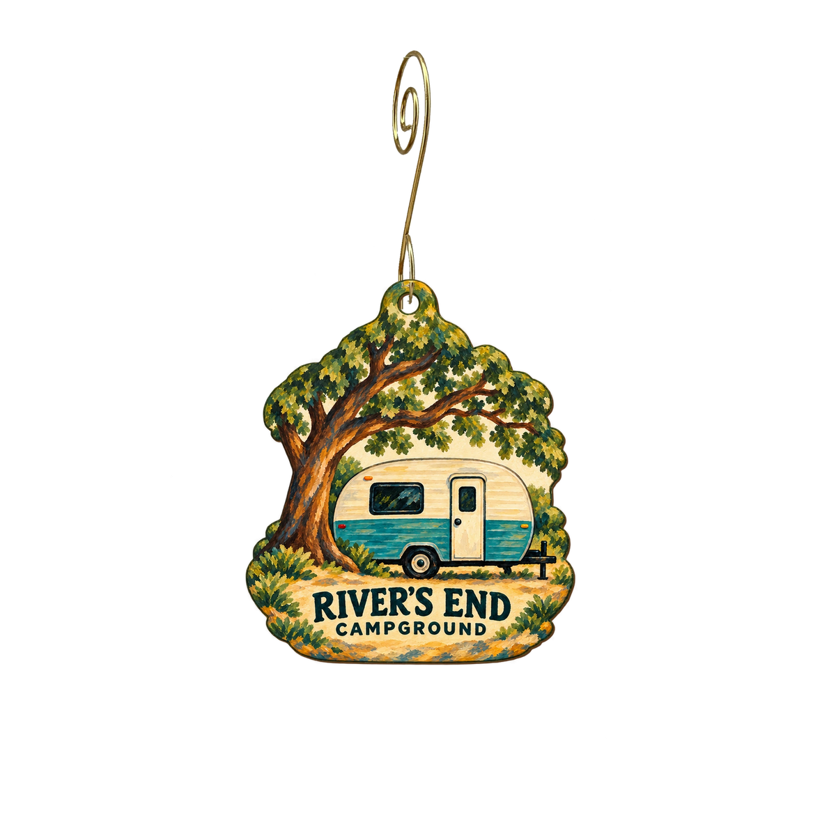 River's End Campground — Store identity custom wood ornament OC2680, photographic gold spiral hook