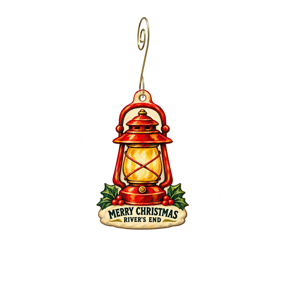River's End Campground — Christmas custom wood ornament OC2681, photographic gold spiral hook