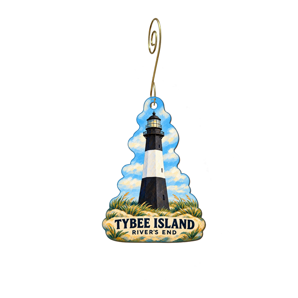 River's End Campground — Local inspiration custom wood ornament OC2682, photographic gold spiral hook
