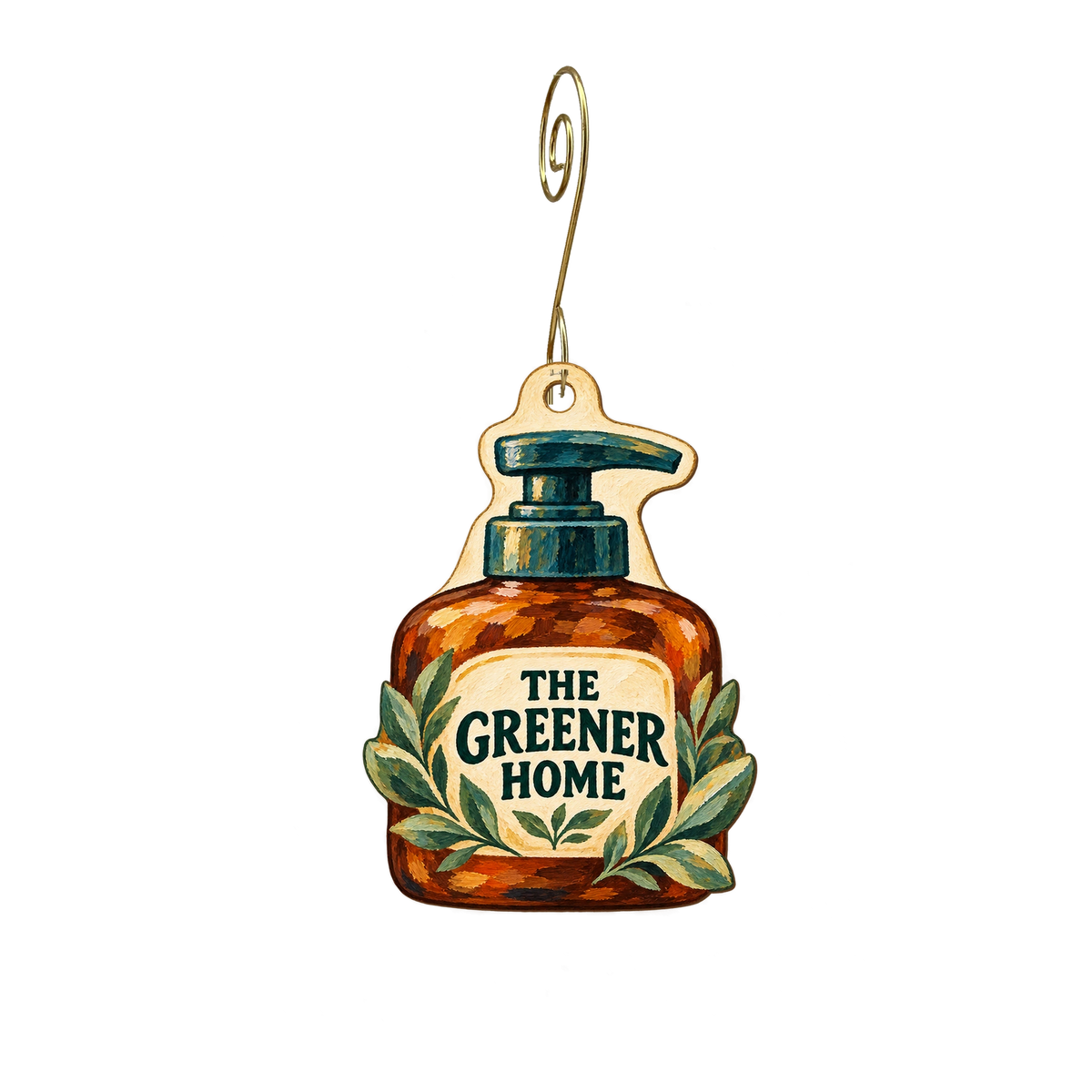 The Greener Home — Store identity custom wood ornament OC2683, photographic gold spiral hook
