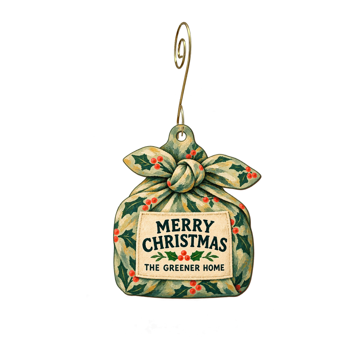 The Greener Home — Christmas custom wood ornament OC2684, photographic gold spiral hook