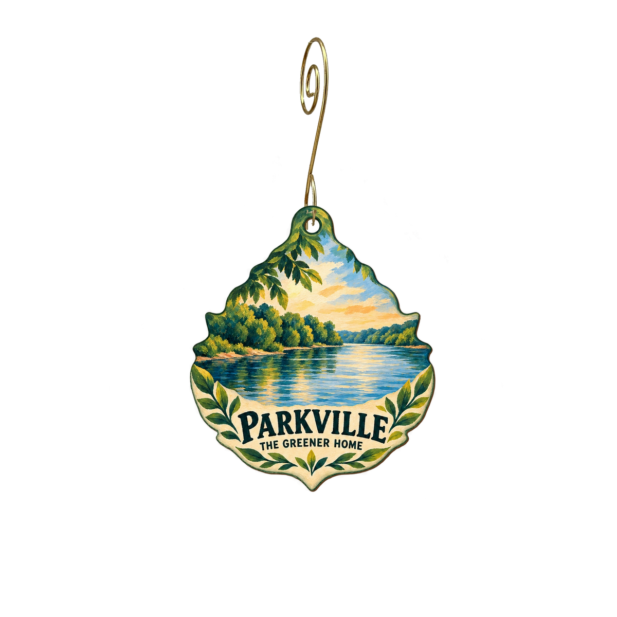 The Greener Home — Local inspiration custom wood ornament OC2685, photographic gold spiral hook