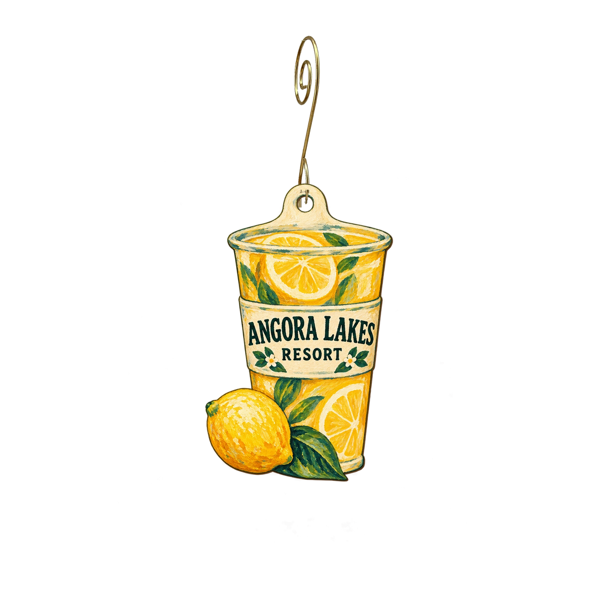 Angora Lakes Resort — Store identity custom wood ornament OC2686, photographic gold spiral hook