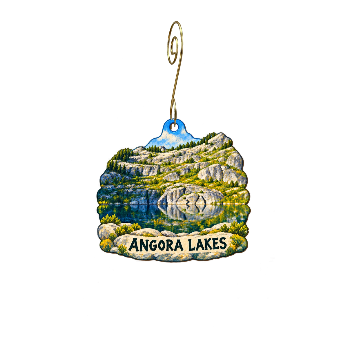 Angora Lakes Resort — Local inspiration custom wood ornament OC2688, photographic gold spiral hook