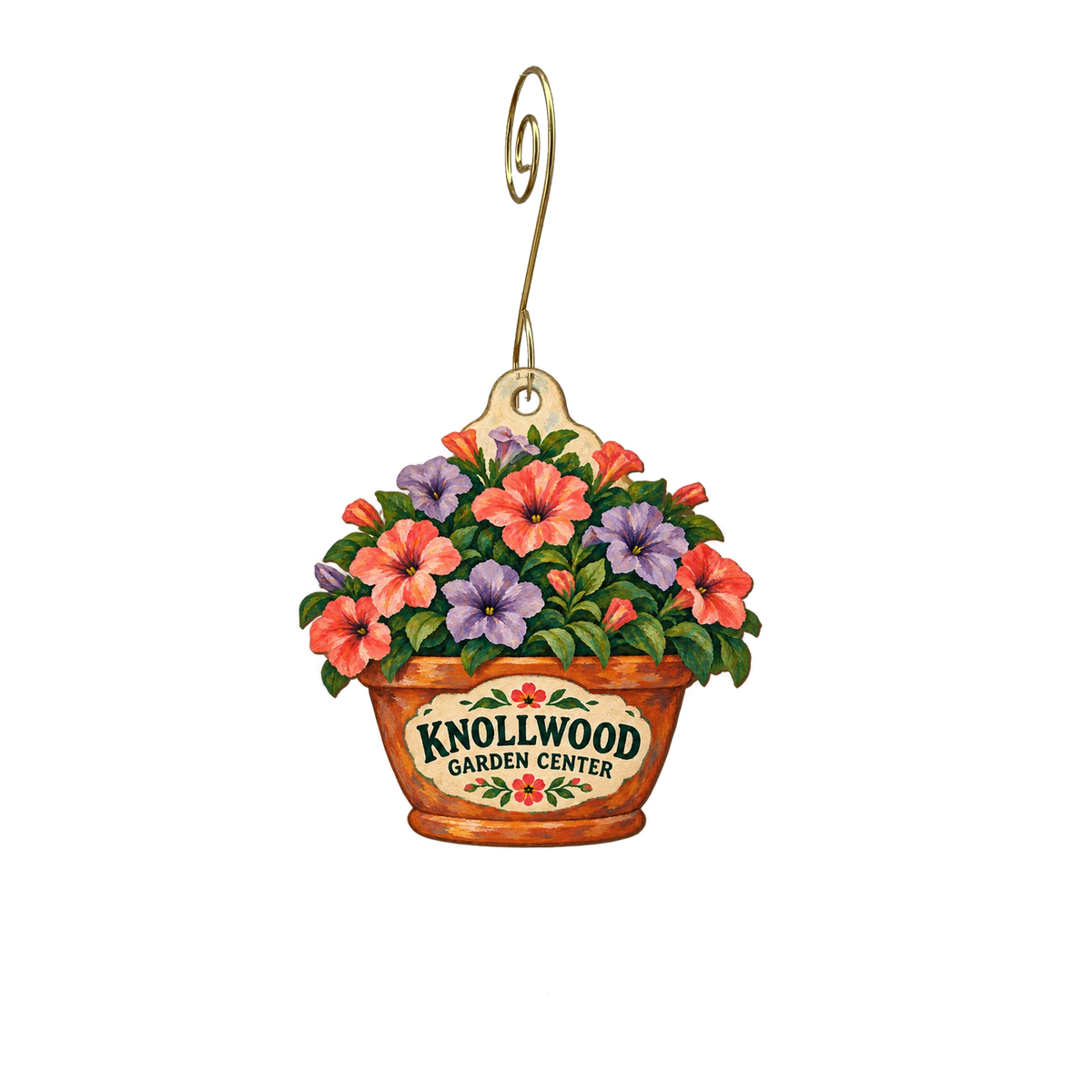 Knollwood Garden Center — Store identity custom wood ornament OC2689, photographic gold spiral hook